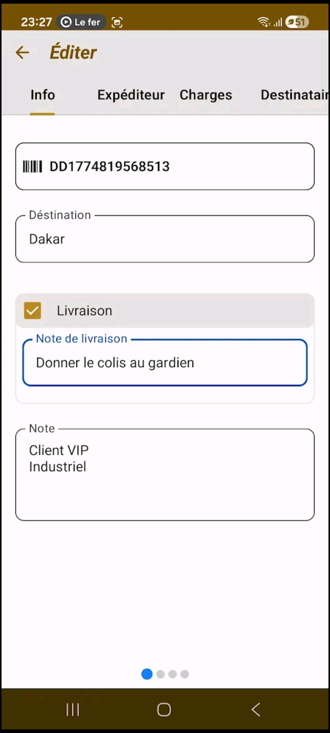 Écran de l'application
